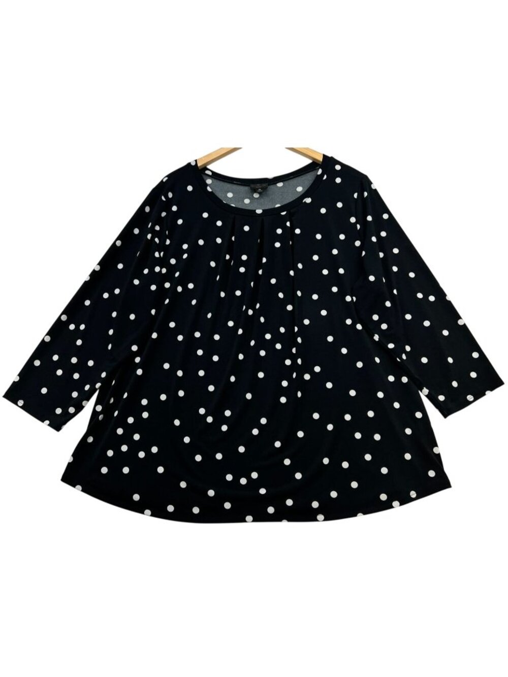 Worthington Women's Pleated Swing Top 3/4 Sleeve Size 1X Black White Polka Dot